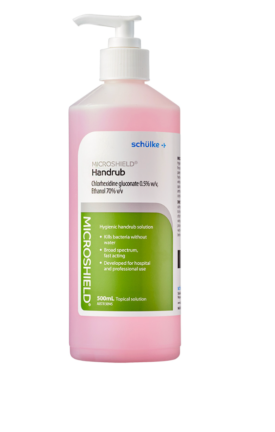 Microshield Handrub Solution Pink; 500mL; Chlorhexidine 0.5% + Alcohol 70%; Each