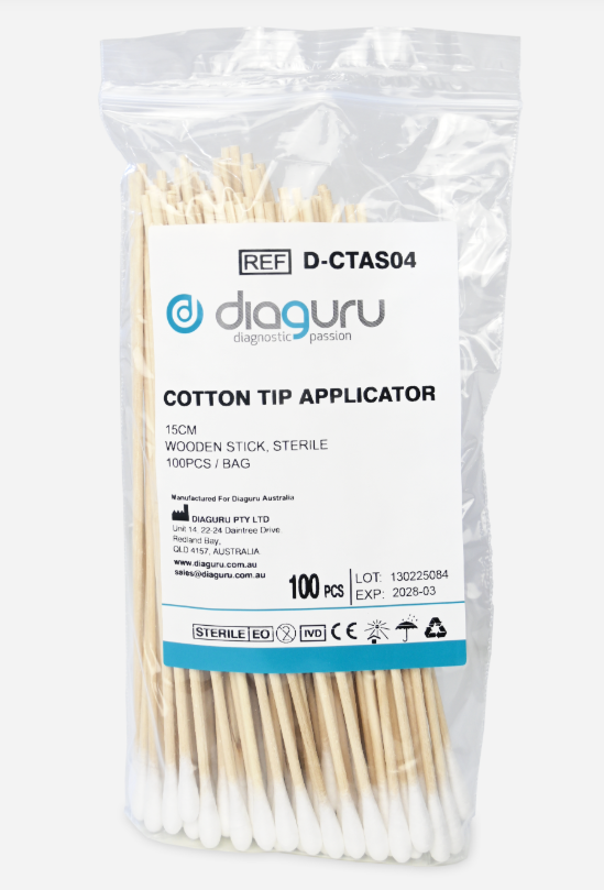 Diaguru Cotton Tip Applicator, 15cm, wooden stick, Sterile, Bag/100